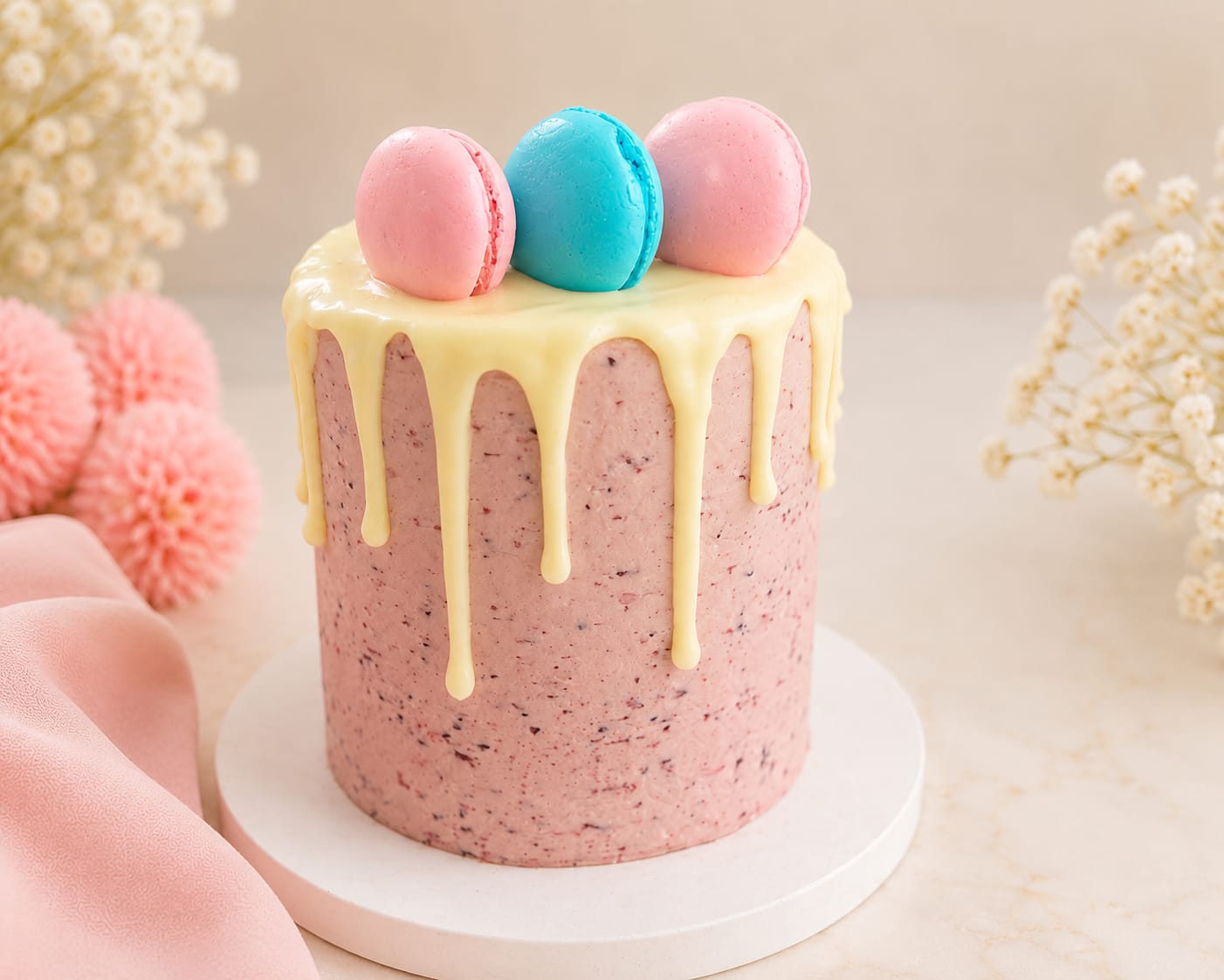 Bolo decorado em tons de rosa com macarons
